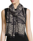 Bicolor Leaf-Print Scarf, Black/Cream