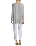 Long-Sleeve Button-Front Linen Mesh Top