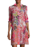 Paisley Leaf-Print Silk Shirtdress Tunic, Red Multi