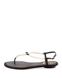 Pearly & Crystal Flat Thong Sandal, Black