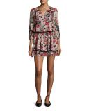 Eldora Floral-Print Silk 3/4-Sleeve Blouson Dress, Black