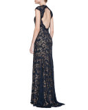 Cap-Sleeve Plunging V-Neck Embellished Lace Gown