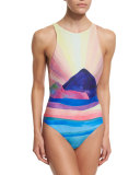 Landscape Printed Low-Back One-Piece Swimsuit