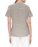 Striped Ruffled Cold-Shoulder Blouse, Khaki/Cream