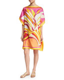 Fiore Maya Printed Silk Caftan Coverup, Pink/Orange