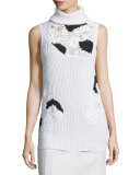 Sleeveless Ribbed Turtleneck w/Crocheted Insets, White/Black