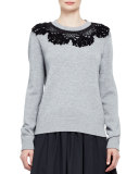 Crochet-Collar Long-Sleeve Sweatshirt, Gray Melange