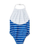 Ruffle-Trim Halter One-Piece Swimsuit, Blue, Size 9-24 Months