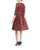Floral 3/4-Sleeve A-Line Dress, Poppy/Black