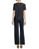Short Mesh-Sleeve Brushed Jacquard Sweater, Ink Multi