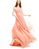 Halter-Neck Floral-Corded Gown, Pink/Multi