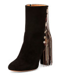 Bead-Fringe Suede Ankle Boot, Black/Mix