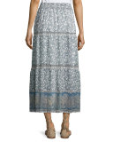 Kenath Floral-Print Silk Prairie Skirt, White/Blue