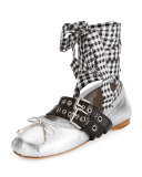 Metallic Belted Ankle-Wrap Ballerina Flat, Argento