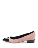 Suede Pointed Cap-Toe Pump, Medium Pink/Black