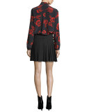 Floral Silk Satin Tie-Neck Blouse, Black/Red