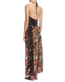 Floral Tulle Double-Slit Coverup Maxi Skirt, Black