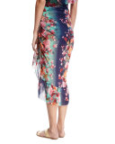 Floral-Print Tulle Ruffle-Trim Sarong Coverup, Blue