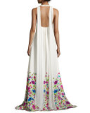 Pleated Floral-Print Halter Gown, White/Multi