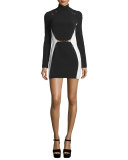Pierced Colorblock Long-Sleeve Dress, Black/White