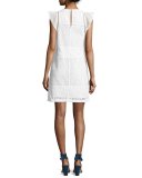 Short-Sleeve Eyelet-Combo Shift Dress, White