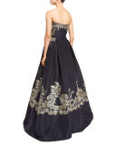 Strapless Embroidered Ball Gown, Navy/Champagne