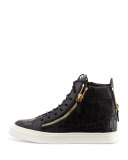 Crocodile-Print High-Top Sneaker, Nero