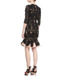 Manila Floral-Lace Half-Sleeve Dress, Black