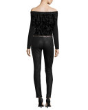 Skinny Embossed Suede Pants, Black