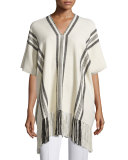 Striped V-Neck Poncho, Ecru/Black Stripe