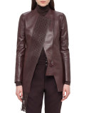 Woven-Panel Leather Long Jacket, Aubergine