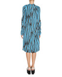 Printed V-Neck Long-Sleeve Dress, Cobalt