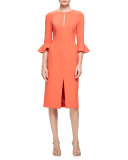 3/4-Sleeve Stretch Crepe Sheath Dress, Canyon Coral