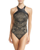 Bonnie Faux-Leather-Trim Bandana-Print One-Piece Swimsuit