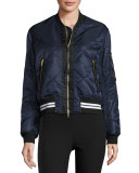 Satin Quilted Bomber Jacket, Navy