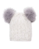 Mimi Knit Beanie Hat w/Fur Pom-Poms, White