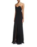 Sleeveless Open-Back Lace-Overlay Gown, Black