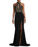 Sleeveless Crochet & Jersey Gown, Black