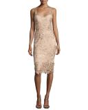 Sleeveless Metallic Floral Sheath Dress, Beige