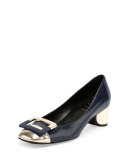 Decollete U-Cut Mid-Heel Pump, Navy/Golden