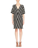 Chevron V-Neck Short-Sleeve Knit Dress, Black/White