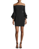 Selena Short Italian Cady Dress W/Cascade Sleeves, Black