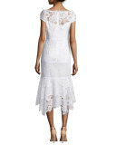 Cap-Sleeve Lace Illusion Midi Dress, Ivory