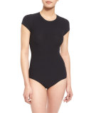 Tace Tubular Cap-Sleeve Crewneck Bodysuit, Black 