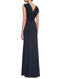 Cap-Sleeve Jersey Gown, Navy