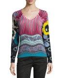 Mixed-Print V-Neck Sweater, Pink/Turquoise