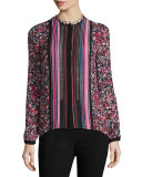 Buffy Long-Sleeve Striped & Floral-Print Silk Blouse, Multi