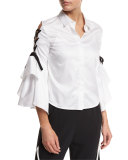 Lace-Up Bell-Sleeve Poplin Shirt, White/Black