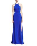 Sleeveless Cross-Back Cutout Column Gown, Blue