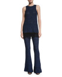 Open-Knit Flare Leg Pants, Black/Cobalt